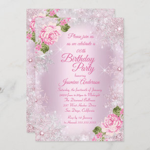 Invitation Fête d'anniversaire rose Floral hiver Wonderland