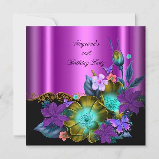 Invitation Fête d'anniversaire rose floral sarcelle noir or (Devant)