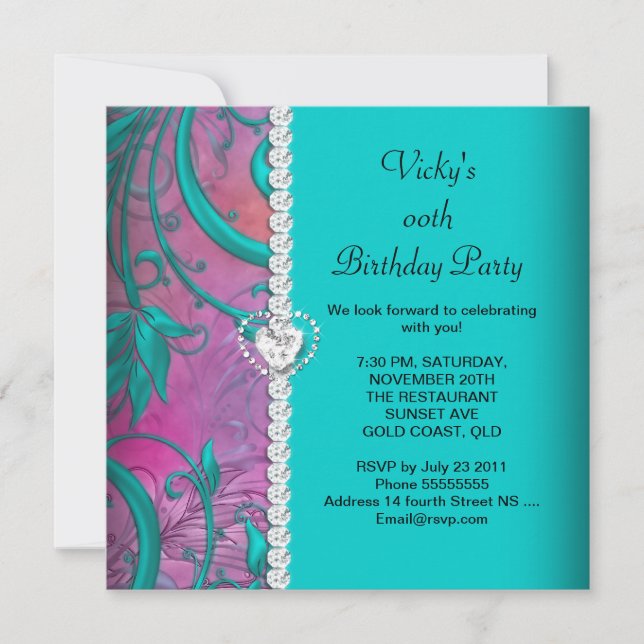 Invitation Fête d'anniversaire Rose Floral Turquoise Blanc Bl (Devant)