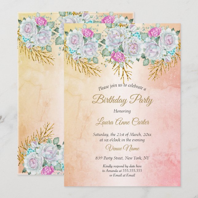 Invitation Fête d'anniversaire Rose Floral Turquoise Bleu Or (Devant / Derrière)