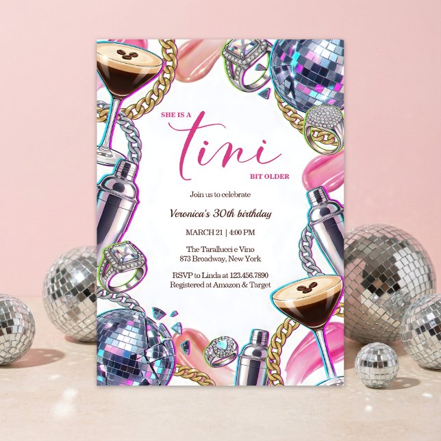 Invitation Fête d'anniversaire rose Glam Disco Espresso Marti (A Tini Bit Older Espresso Martini Disco Glam Pink 30th Birthday Invitation)