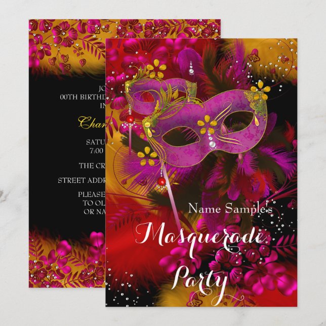 Invitation Fête d'Anniversaire Rose Gold Black Floral (Devant / Derrière)