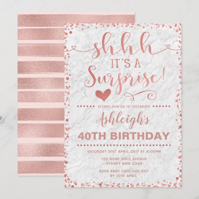 Invitation Fête d'anniversaire Rose Gold & Marbre blanc Surpr (Devant / Derrière)