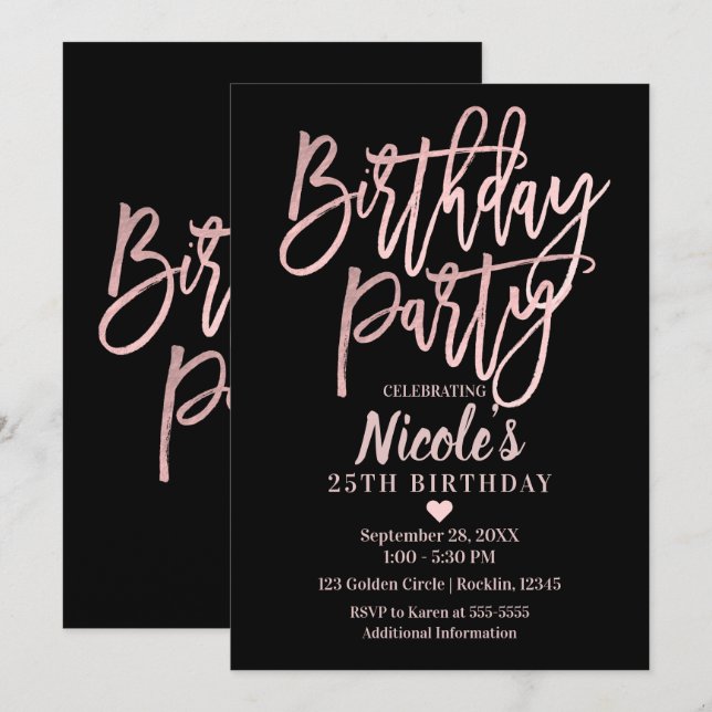 Invitation Fête d'anniversaire Rose Gold Rose Clair et Modern (Devant / Derrière)