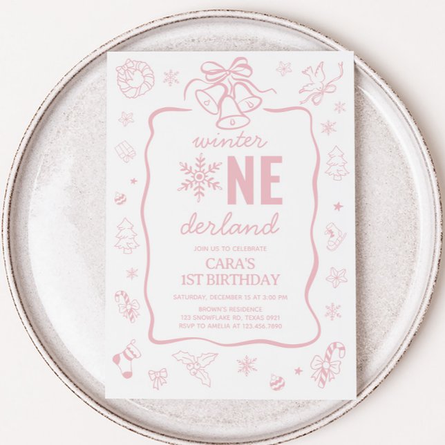 Invitation Fête d'anniversaire Rose Hiver Onederland  (Winter Onederland Birthday Invitation)