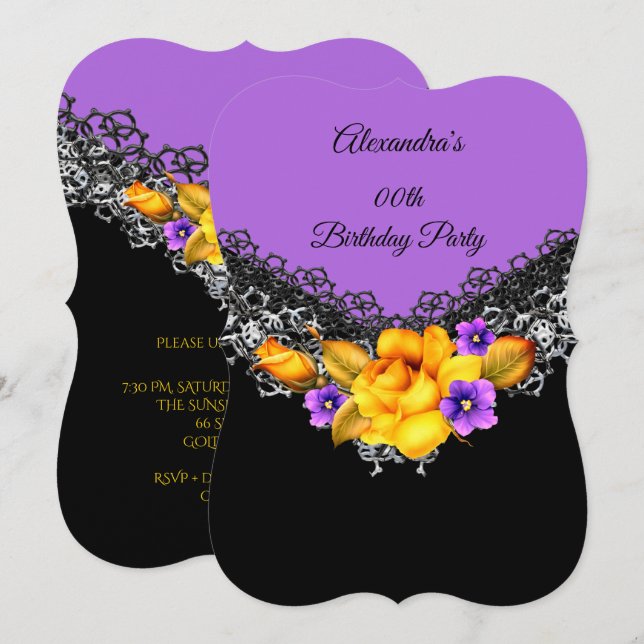 Invitation Fête d'anniversaire Rose Jaune Violet Fleur Noir (Devant / Derrière)