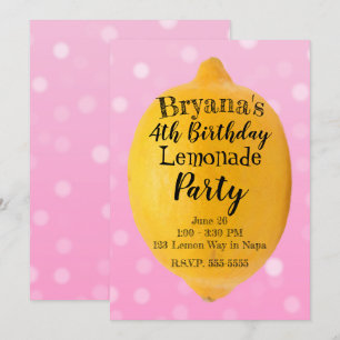 Invitation Fête d'anniversaire rose Limonade jaune citron