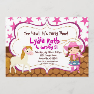 Invitation Fête d'anniversaire rose lumineuse de cow-girl et