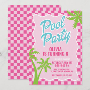 Invitation fête d'anniversaire rose malibu check party piscin