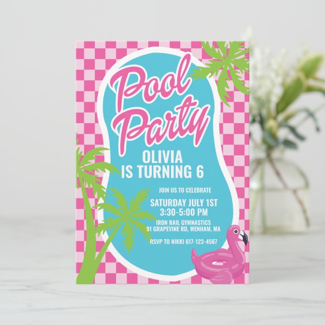 Invitation fête d'anniversaire rose malibu pool party (Debout devant)