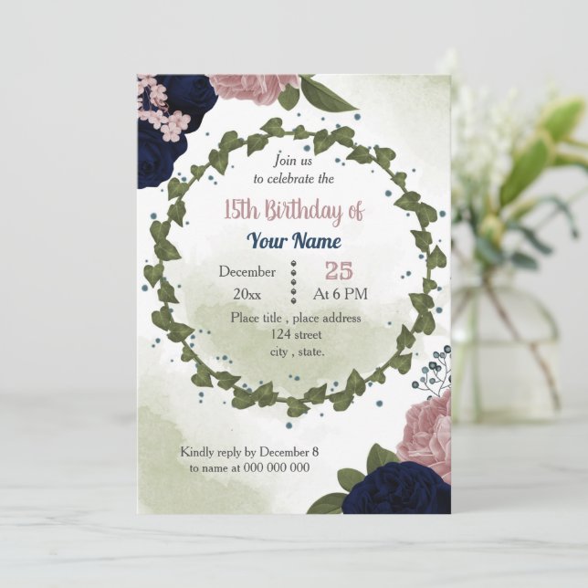 Invitation fête d'anniversaire rose marine fleurs verdure (Debout devant)