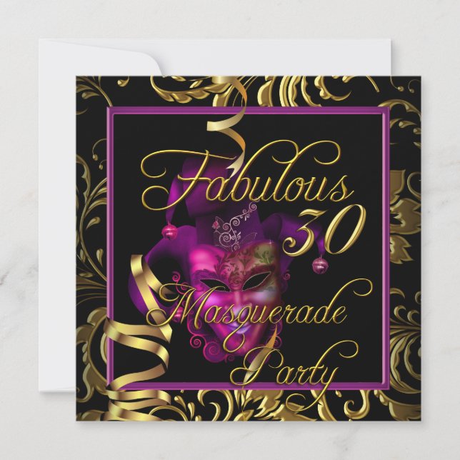 Invitation Fête d'anniversaire rose Masquerade Fabulous 30 Or (Devant)