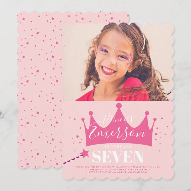 Invitation Fête d'anniversaire rose mignonne de princesse fém (Devant / Derrière)