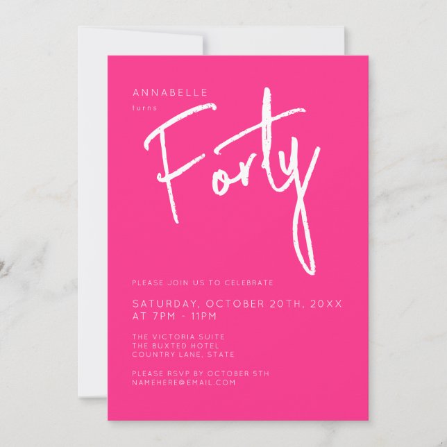 Invitation Fête d'anniversaire rose moderne 40e Quarantième (Devant)