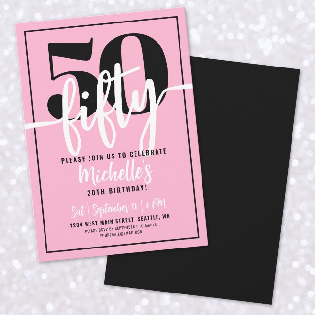 Invitation Fête d'anniversaire rose moderne 50 ans (Pink Modern 50th Birthday Party Invitation)