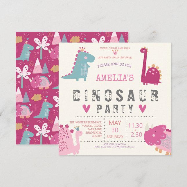 Invitation Fête d'anniversaire rose moderne dinosaure mignon (Devant / Derrière)