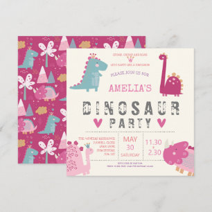 Invitation Fête d'anniversaire rose moderne dinosaure mignon