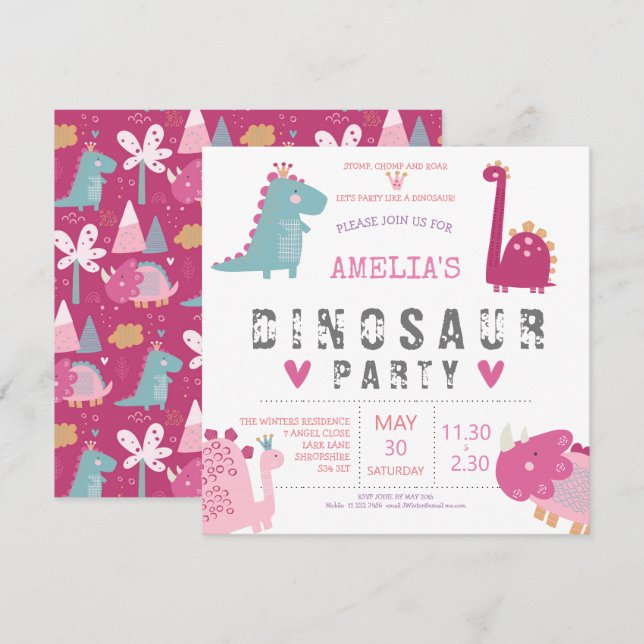 Invitation Fête d'anniversaire rose moderne dinosaure mignon (Devant / Derrière)