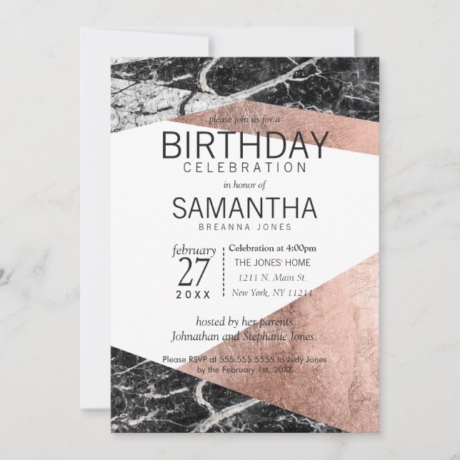 Invitation Fête d'anniversaire rose moderne d'or et de marbre (Devant)