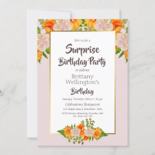 Invitation Fête d'anniversaire rose Orange Florale Surprise