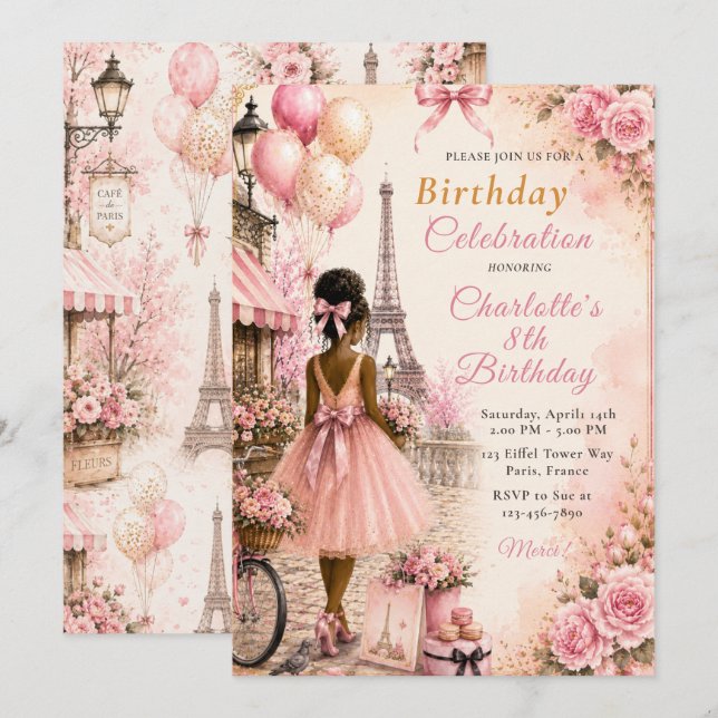 Invitation Fête d'anniversaire Rose Paris (Devant / Derrière)
