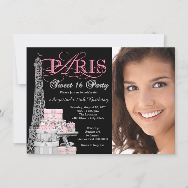Invitation Fête d'anniversaire rose Paris pour 16 ans douce (Devant)