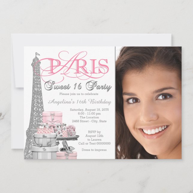Invitation Fête d'anniversaire rose Paris pour 16 ans douce (Devant)