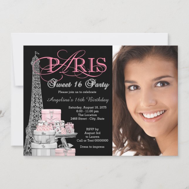 Invitation Fête d'anniversaire rose Paris pour 16 ans douce (Devant)