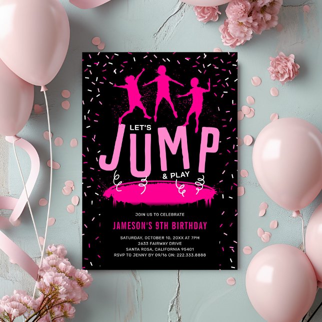 Invitation Fête d'anniversaire rose pour enfants trampoline (Créateur téléchargé)