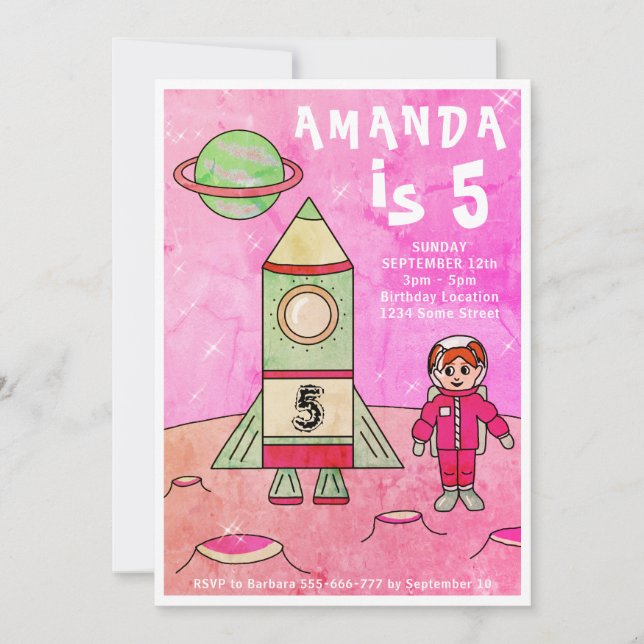 Invitation Fête d'anniversaire rose pour fille avec fusée spa (Devant)