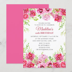 Invitation Fête d'anniversaire rose pour fille ou femme en fl