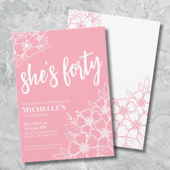 Invitation Fête d'anniversaire rose pour les 40 ans (Floral Pink 40th Birthday Party Invitation)