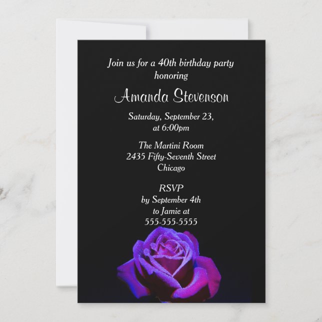 Invitation Fête d'anniversaire Rose Pourpre Avec Gouttes d'Ea (Devant)
