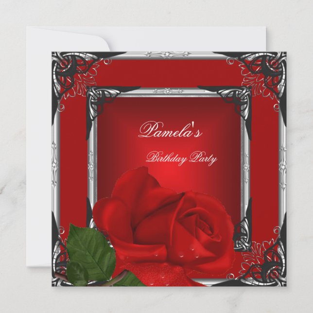 Invitation Fête d'anniversaire Rose rouge Argent Noir (Devant)