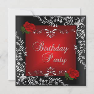 Invitation Fête d'anniversaire Rose Rouge Floral Argent Noir