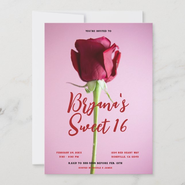 Invitation Fête d'anniversaire Rose rouge rose doux 16 ans (Devant)