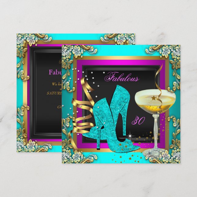 Invitation Fête d'anniversaire rose sarcelle or 30 fabuleuse (Devant / Derrière)