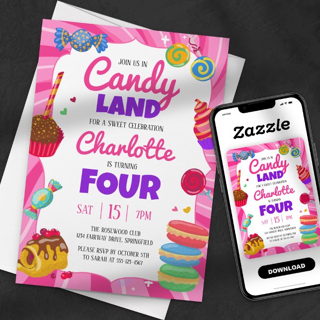 Invitation Fête d'anniversaire rose sucré Candy Land (Créateur téléchargé)