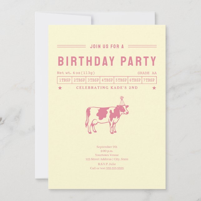 Invitation Fête d'anniversaire rose vache à beurre (Devant)