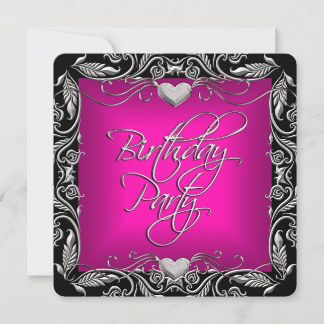 Invitation Fête d'anniversaire rose vif argent noir (Devant)