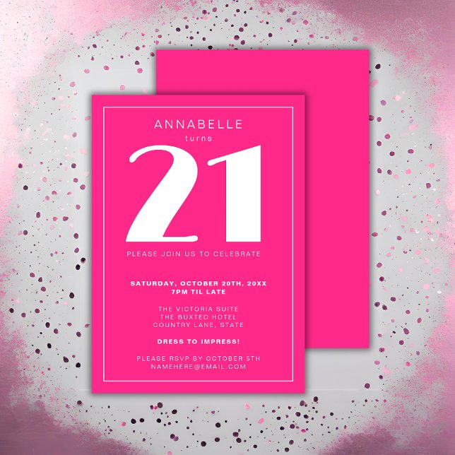 Invitation Fête d'anniversaire rose vif moderne 21 vingt et u (Modern Pink 21st Birthday Party Invitation for Her – Elegant & Customizable)