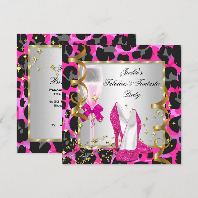 Invitation Fête d'anniversaire rose vif noir argent léopard (Devant / Derrière)