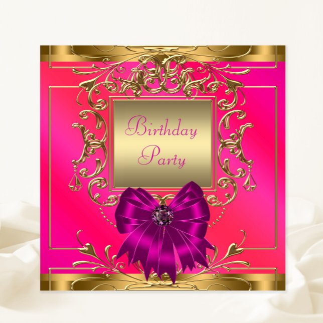 Invitation Fête d'anniversaire rose vif, orange et or (You can change all of the text as needed.)