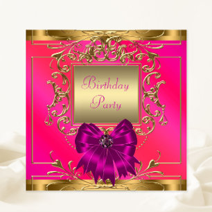 Invitation Fête d'anniversaire rose vif, orange et or