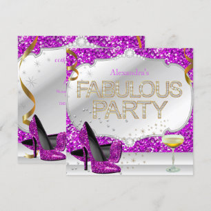 Invitation Fête d'anniversaire rose violet argenté pailleté f
