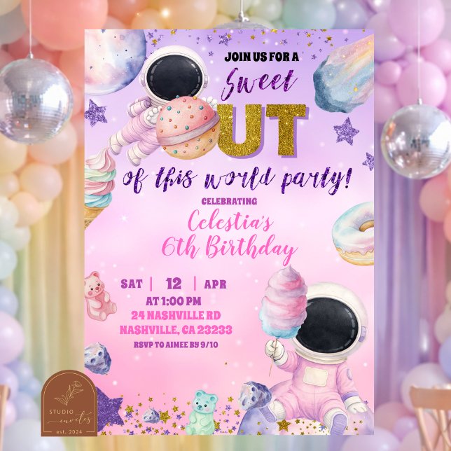 Invitation Fête d'anniversaire Rose Violet Fille Sucreries Ho (Créateur téléchargé)