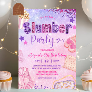 Invitation Fête d'anniversaire Rose Violet Pailleté Pyjama Pa