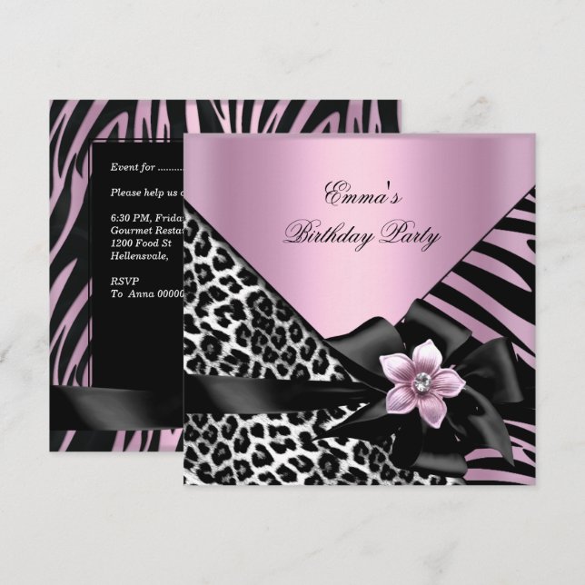 Invitation Fête d'anniversaire rose zèbre léopard élégant (Devant / Derrière)