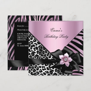 Invitation Fête d'anniversaire rose zèbre léopard élégant