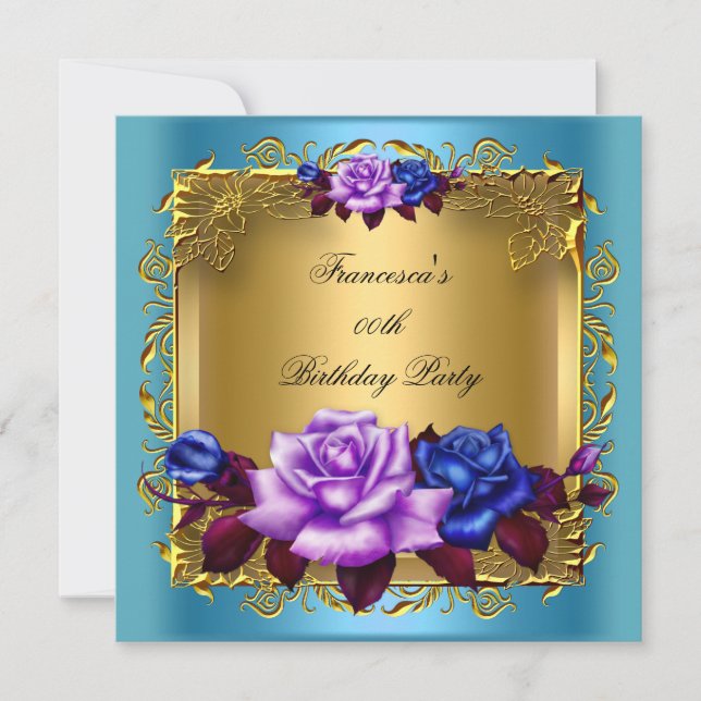 Invitation Fête d'anniversaire Roses Bleu sarcelle Violet Or (Devant)